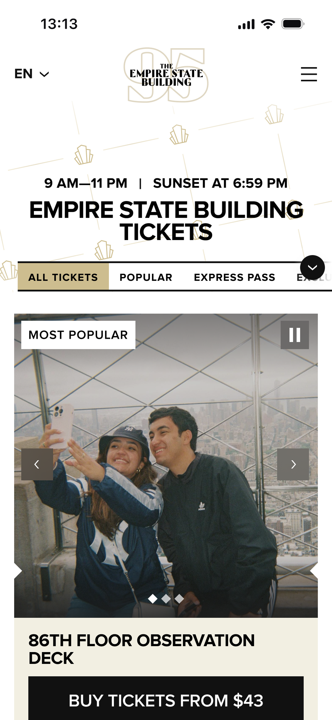 Mobile ticket page — Buy tickets from $43