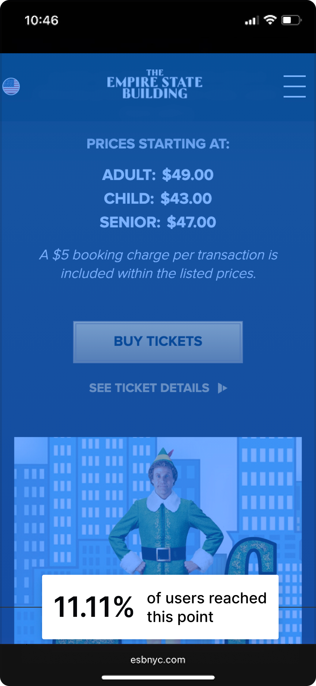 Original Buy Tickets page, lower section — 11.11% of users reached this point