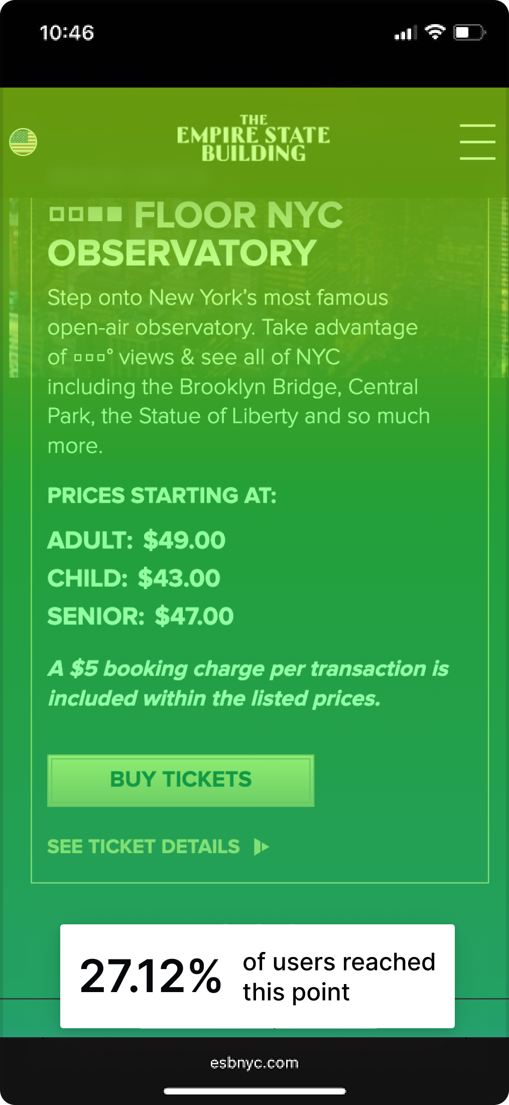 Original Buy Tickets page — 27.12% of users reached this point