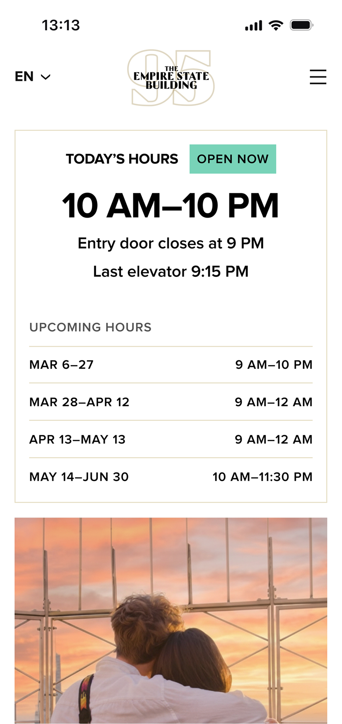 Mobile hours screen — Today's hours, open now, 10 AM–10 PM