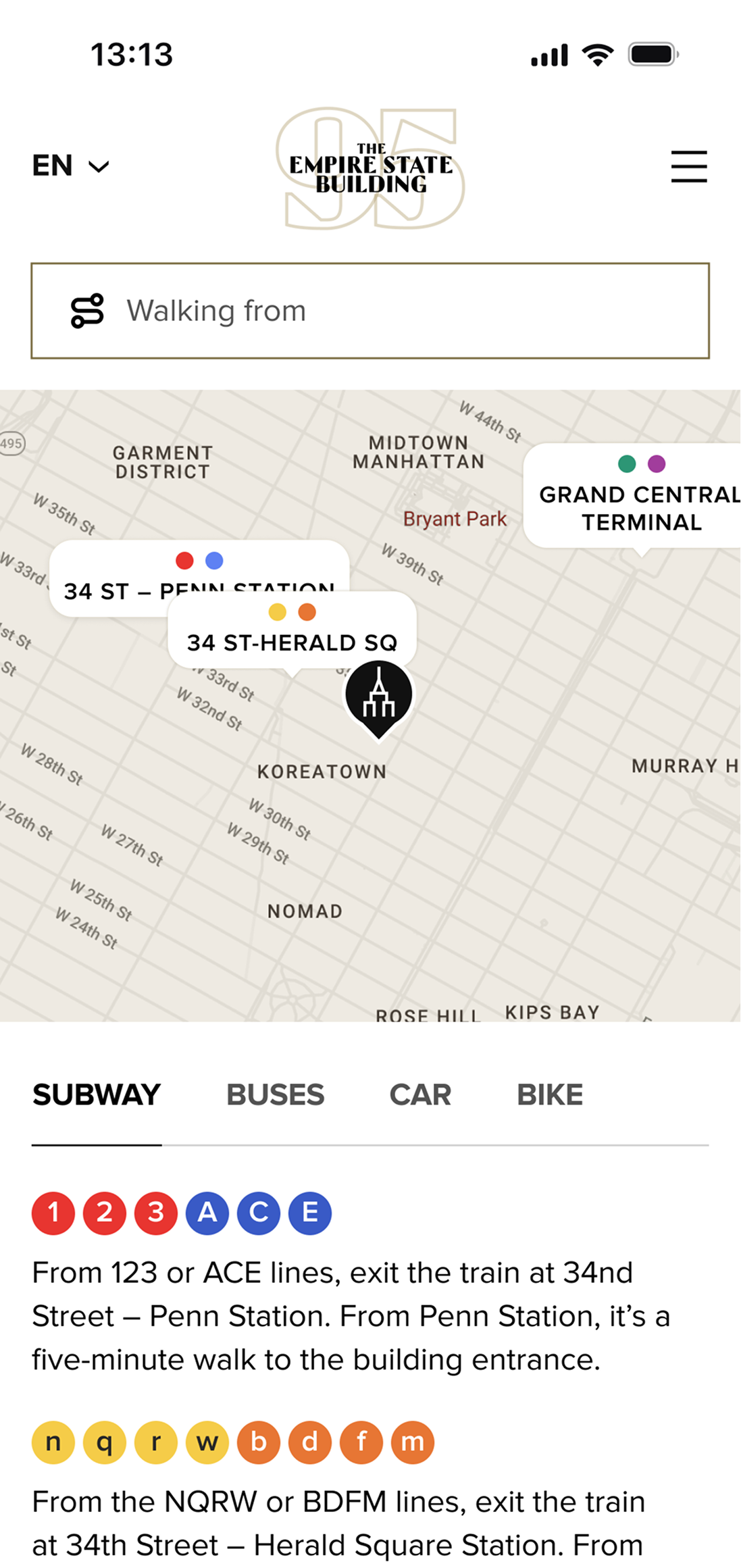 Map view with ESB pin and transport directions — subway, buses, car, bike