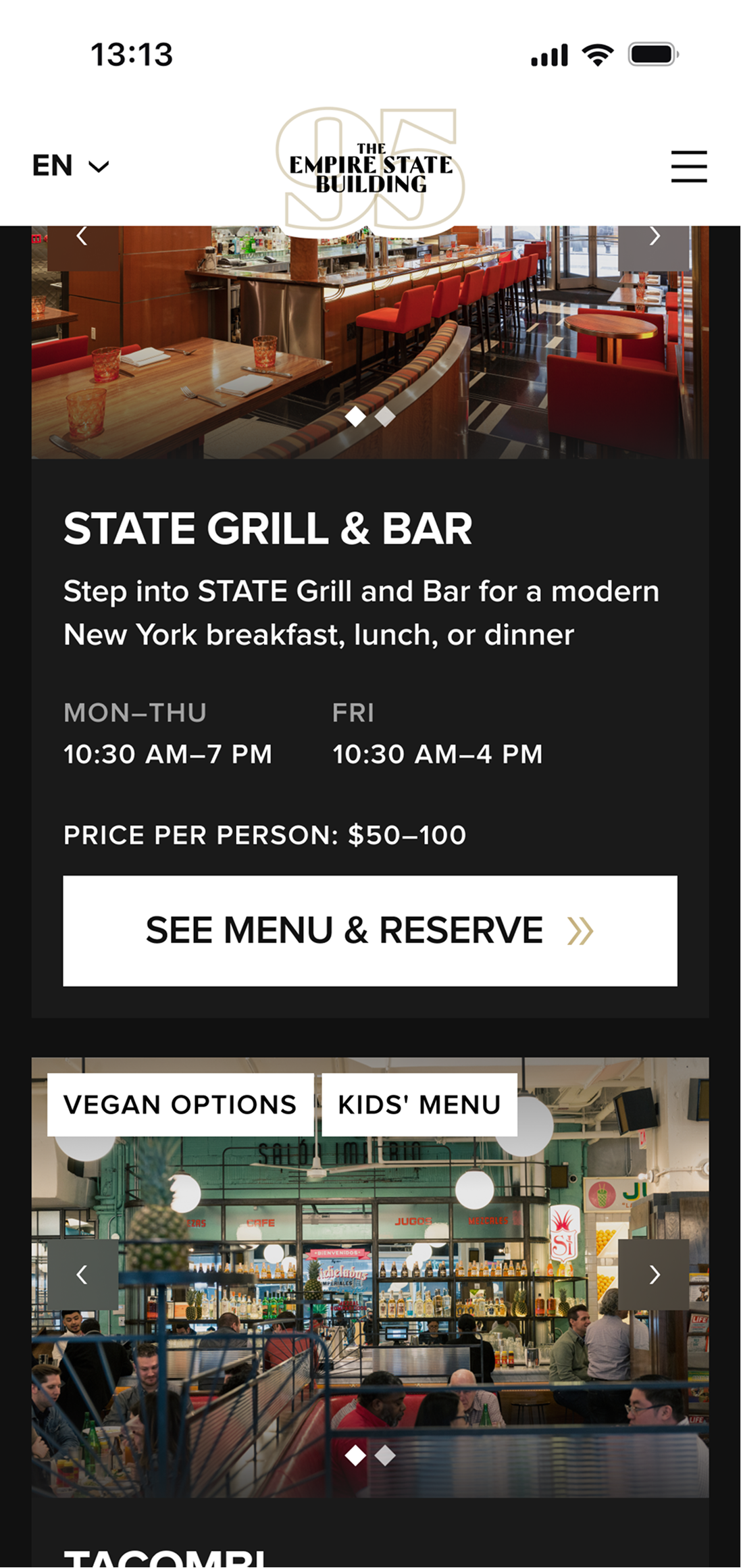 State Grill & Bar page — menu, hours, price per person, reservations
