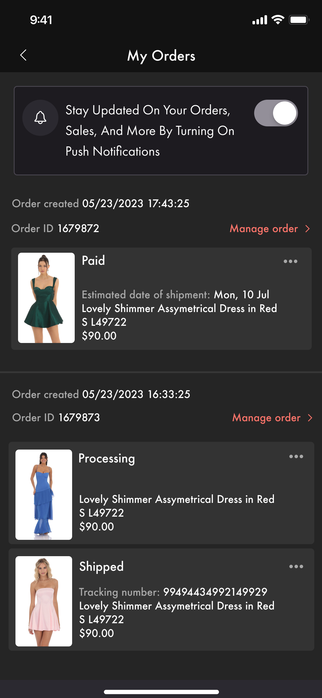 Contextual permission banner — order status update in My Orders