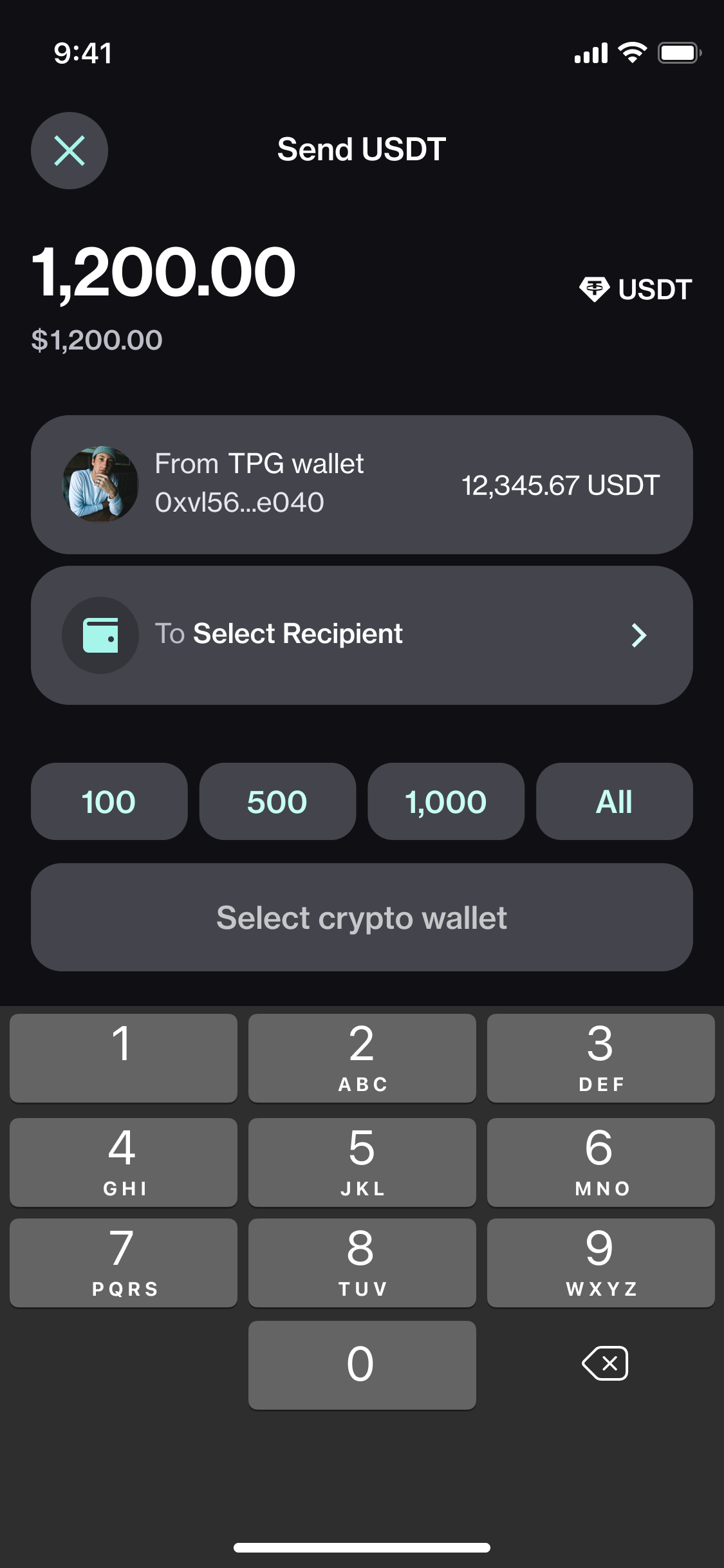 Dark theme — crypto wallet