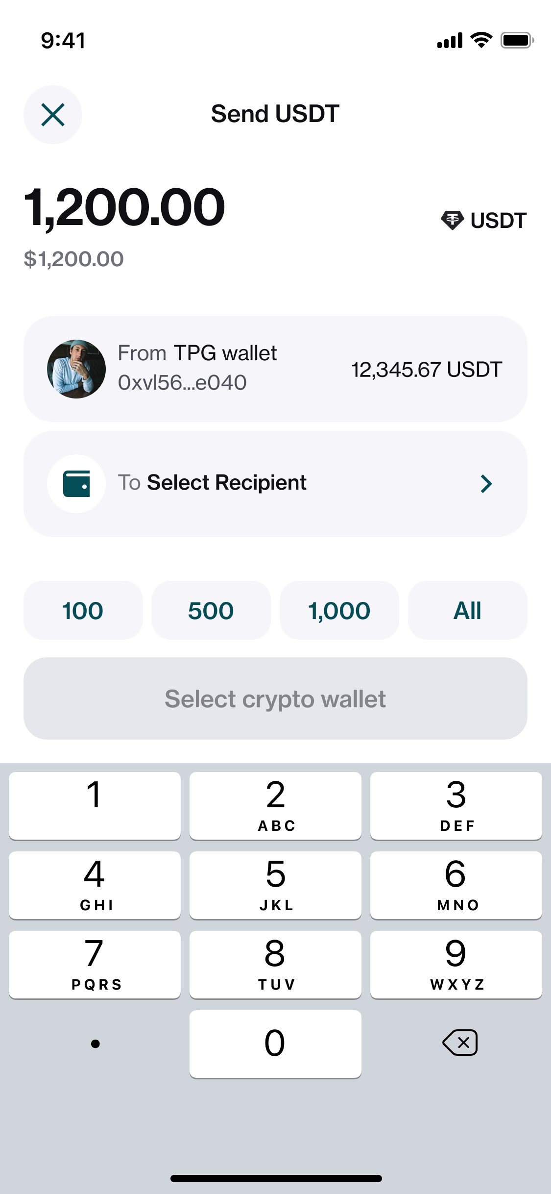 Light theme — crypto wallet